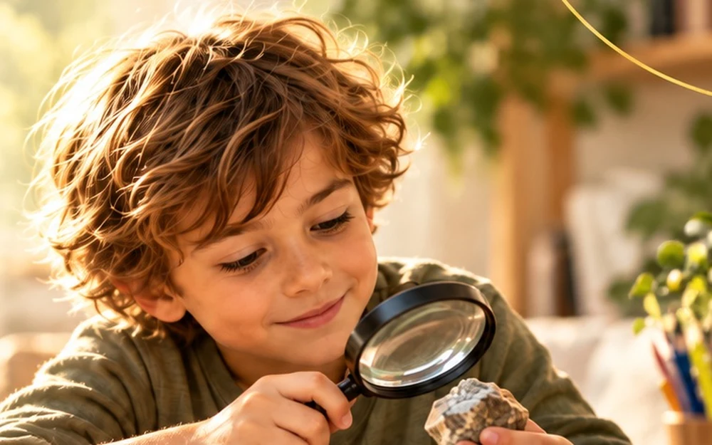 Child exploring and observing with a magnifying glass in a sunlit home